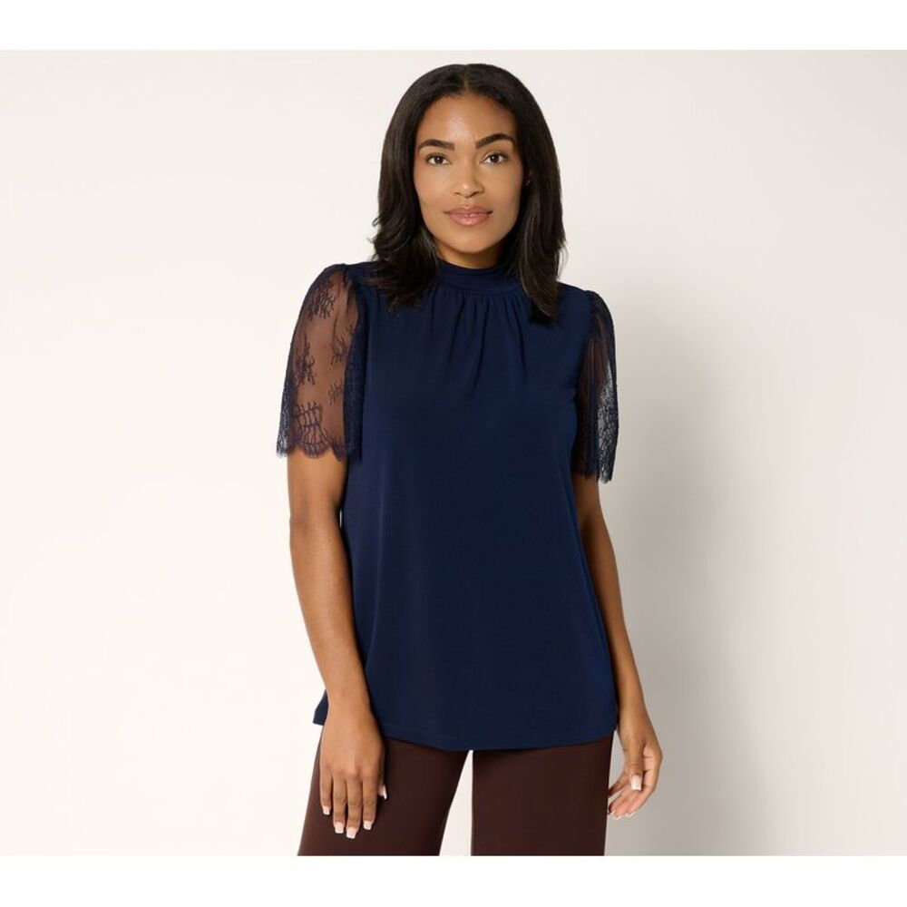 Susan Graver Women's Top Sz L Occasions Liquid Knit Mock Neck w Lace Blue